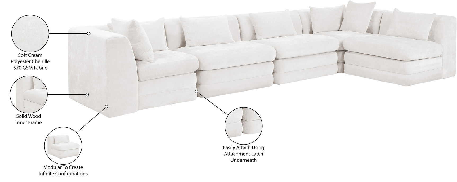 Newport Cream 152" Chenille Fabric Upholstered 5-Piece L Shaped Modular Sectional - Ornate Home