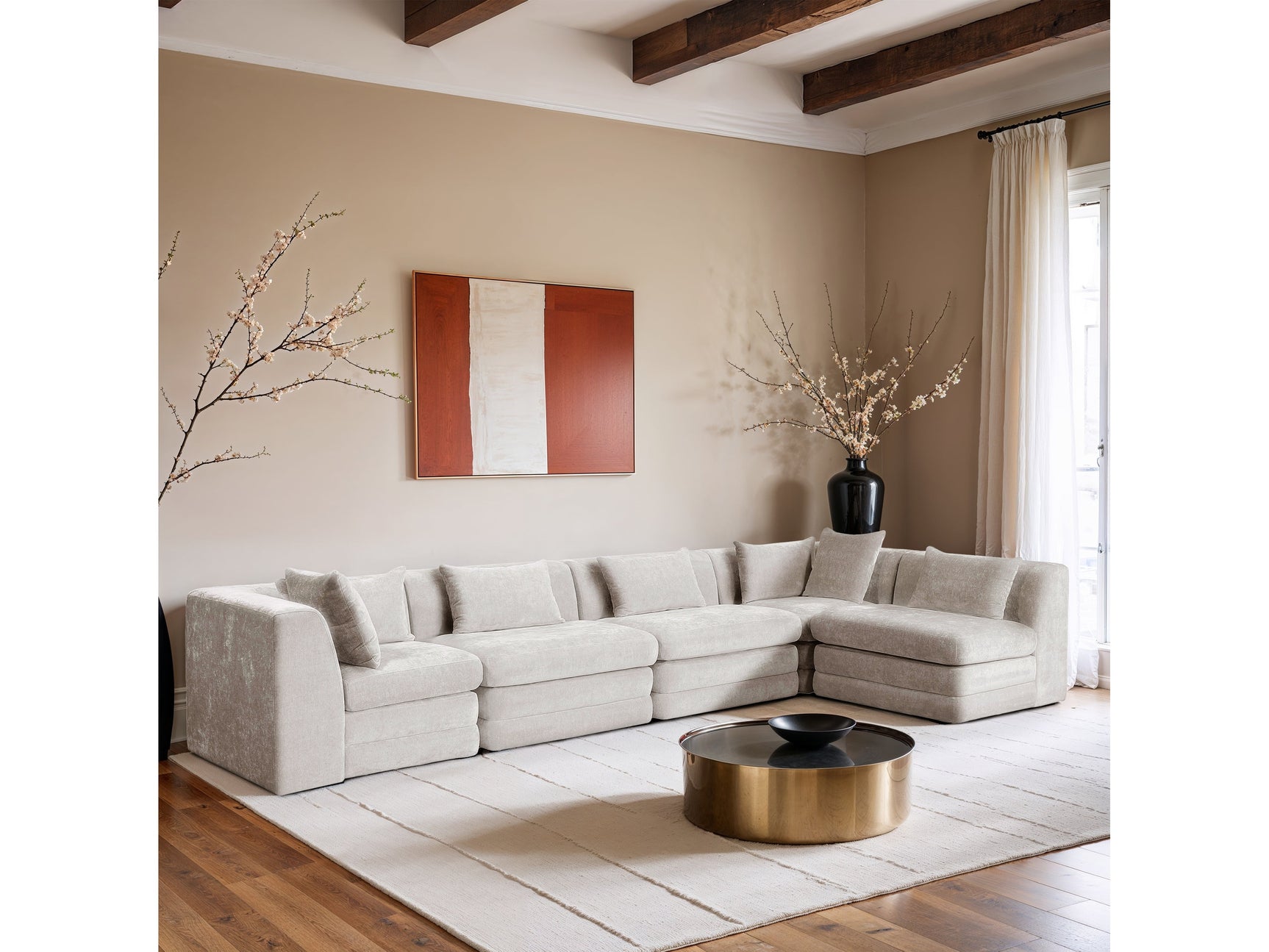 Newport Cream 152" Chenille Fabric Upholstered 5-Piece L Shaped Modular Sectional - Ornate Home