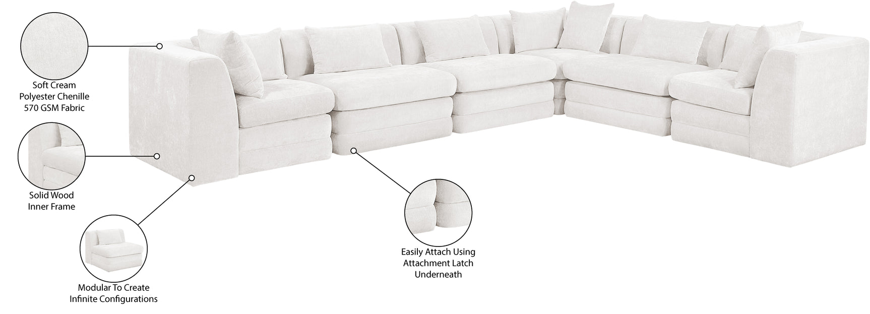 Newport Cream 152" Chenille Fabric Upholstered 6-Piece L Shaped Modular Sectional - Ornate Home