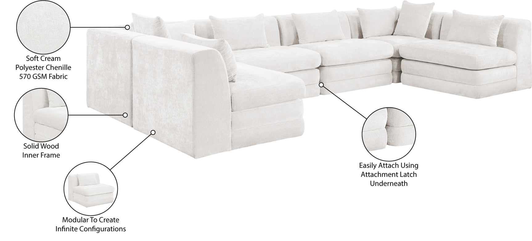 Newport Cream 152" Chenille Fabric Upholstered 6-Piece U Shaped Modular Sectional - Ornate Home