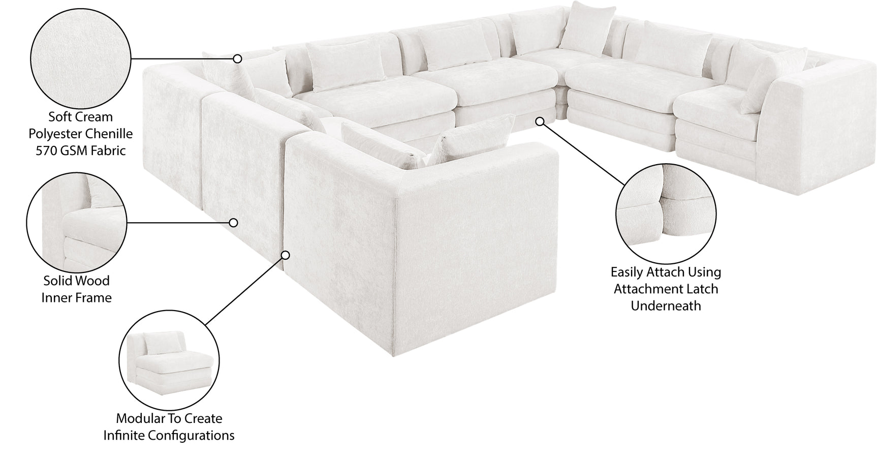 Newport Cream 152" Chenille Fabric Upholstered 8-Piece Modular Sectional - Ornate Home