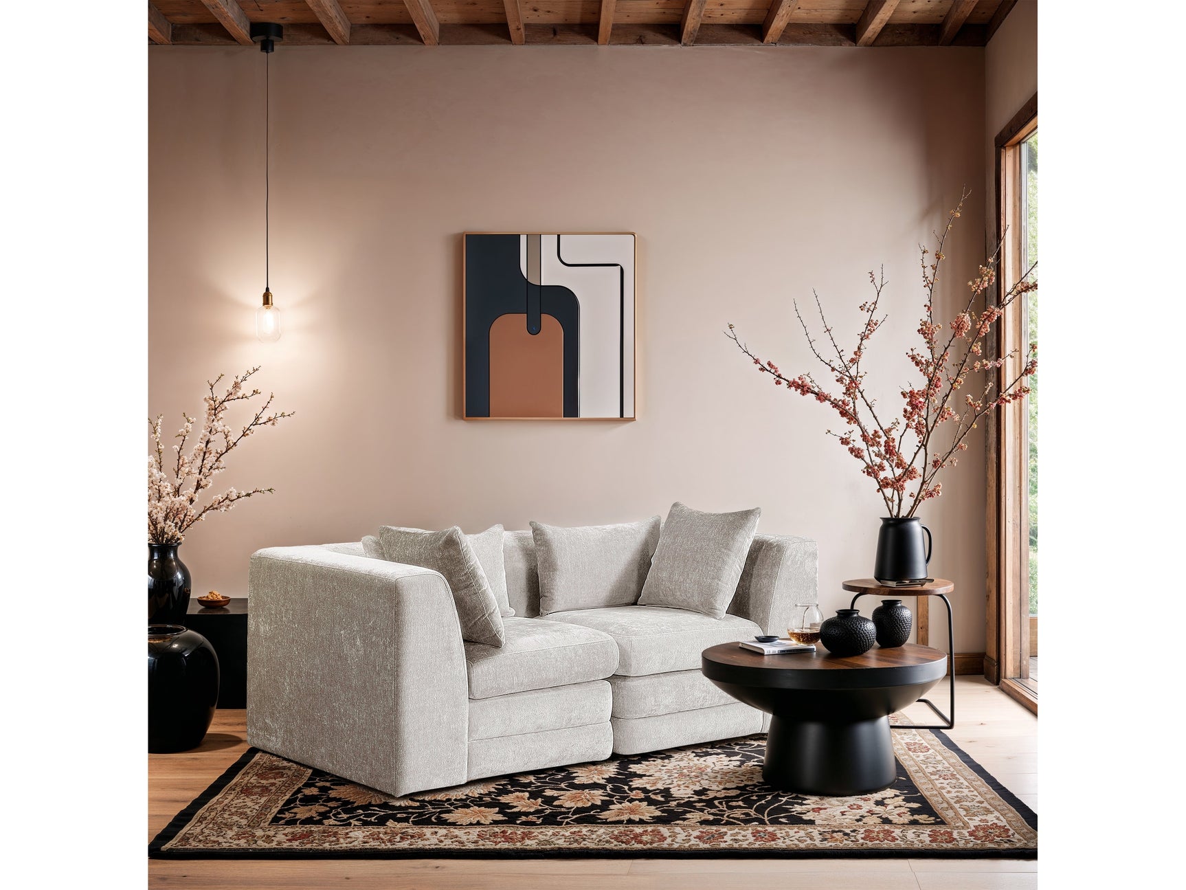 Newport Cream 76" Chenille Fabric Upholstered 2-Piece Modular Loveseat - Ornate Home