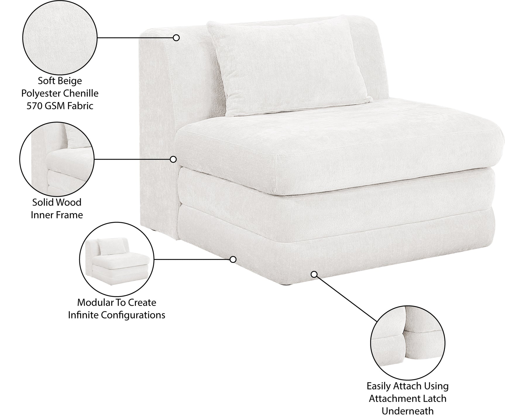 Newport Cream Fabric Upholstered Modular Armless Chair - Ornate Home