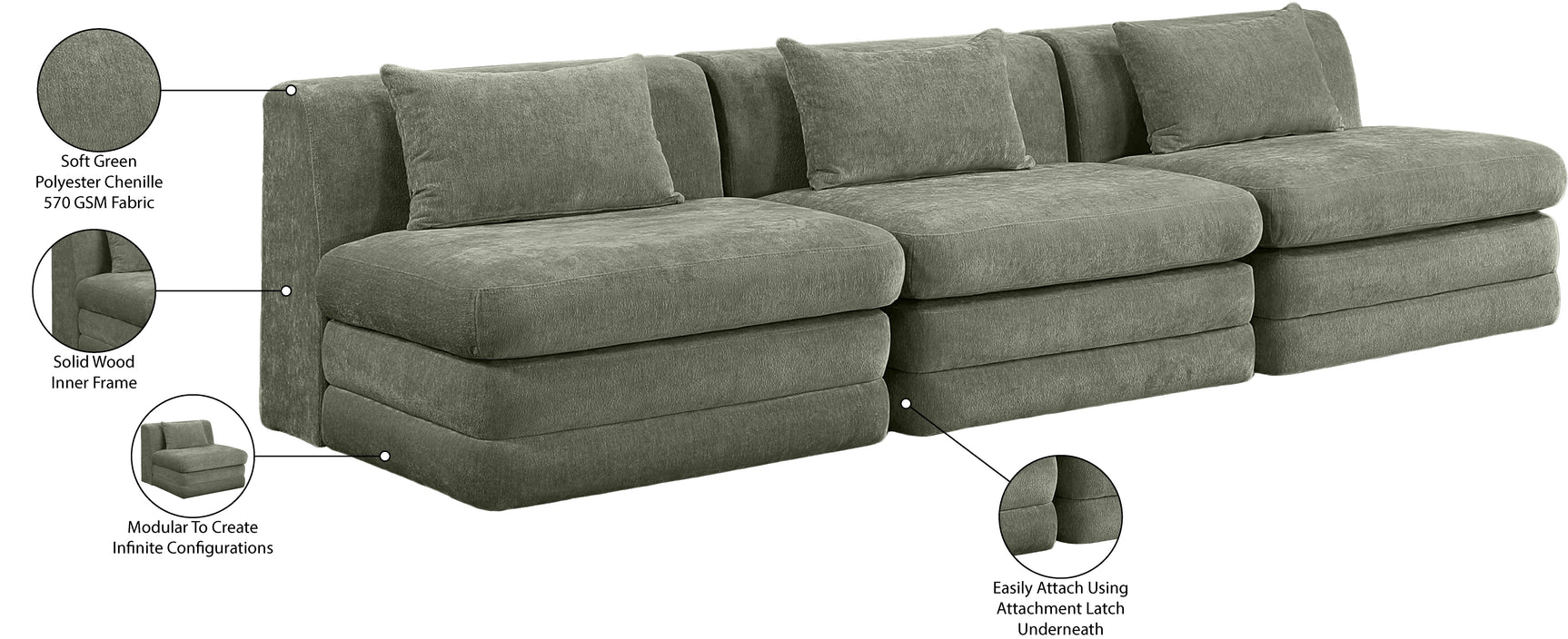 Newport Green 114" Chenille Fabric Upholstered 3-Piece Armless Modular Sofa - Ornate Home