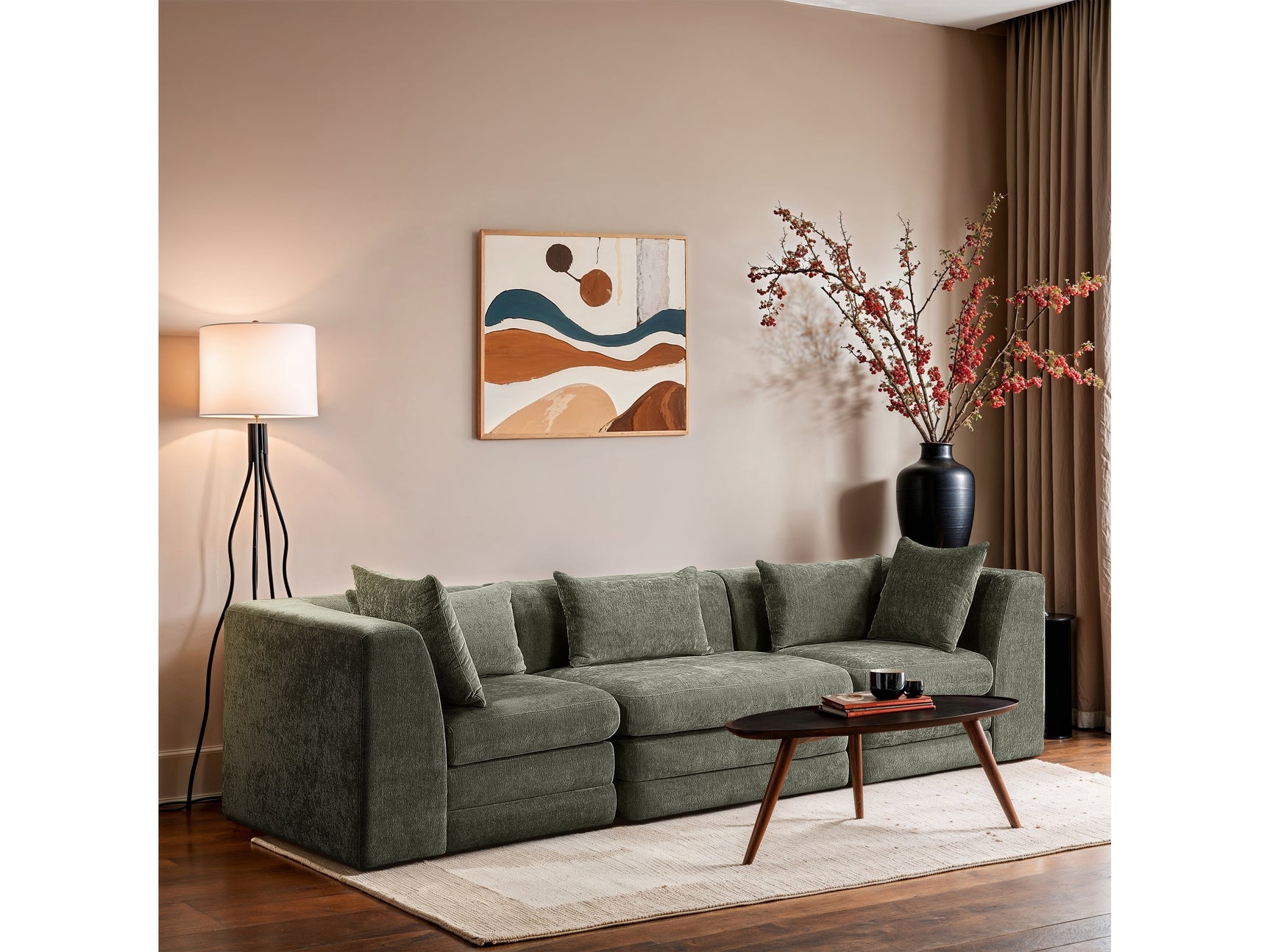 Newport Green 114" Chenille Fabric Upholstered 3-Piece Modular Sofa - Ornate Home