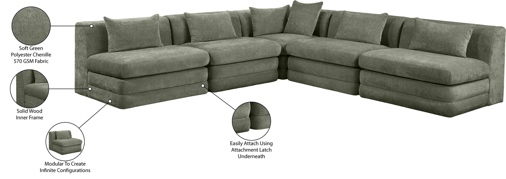 Newport Green 114" Chenille Fabric Upholstered 5-Piece Armless Modular Sectional - Ornate Home