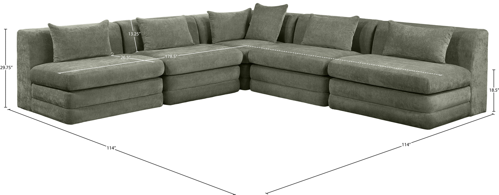 Newport Green 114" Chenille Fabric Upholstered 5-Piece Armless Modular Sectional - Ornate Home