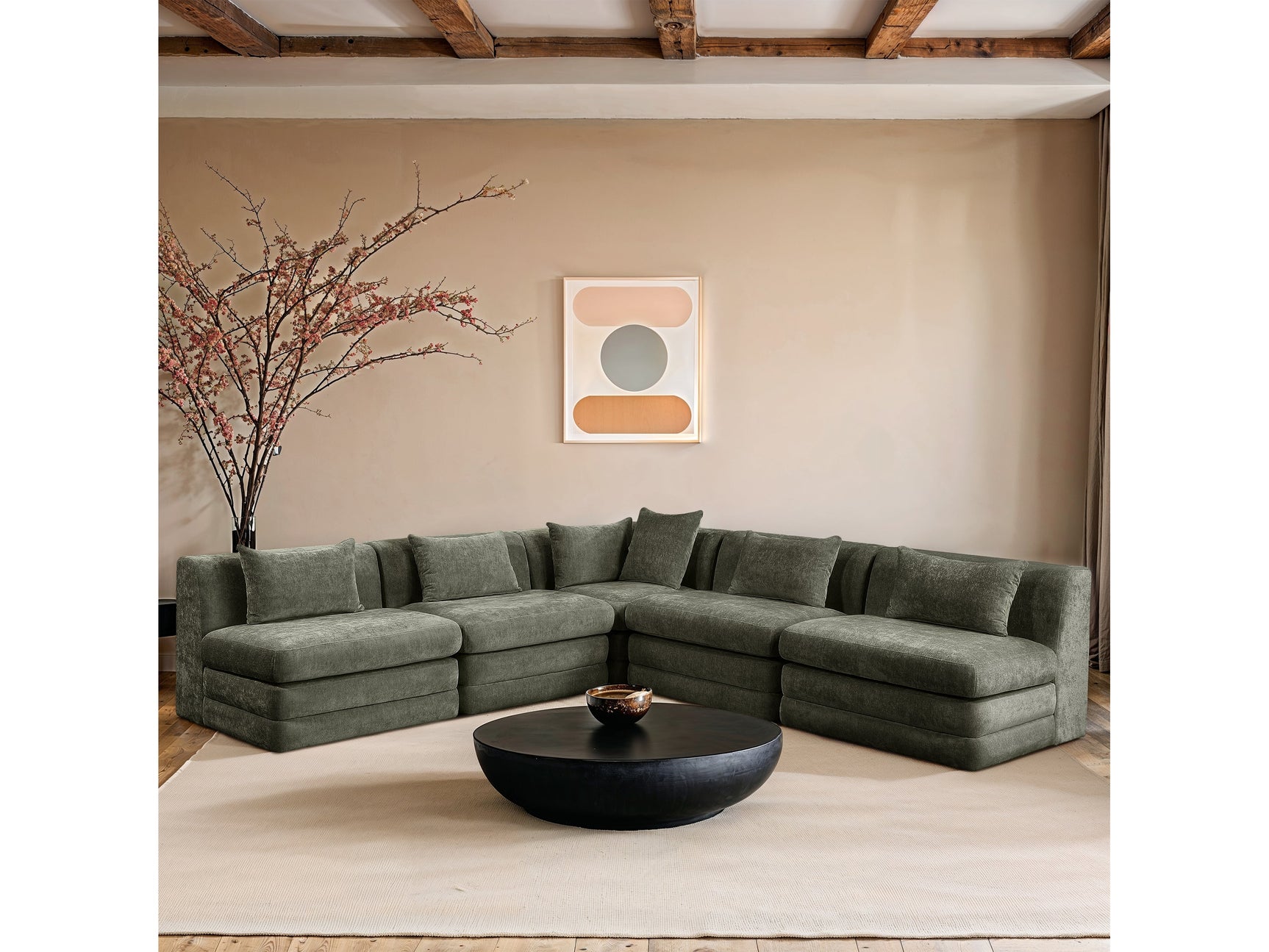 Newport Green 114" Chenille Fabric Upholstered 5-Piece Armless Modular Sectional - Ornate Home