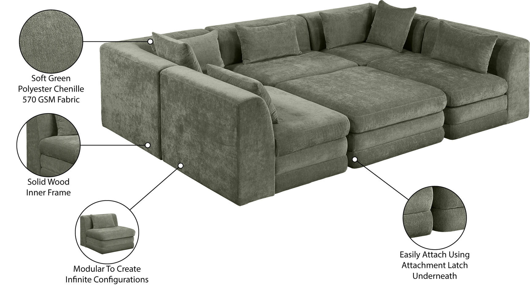 Newport Green 114" Chenille Fabric Upholstered 6-Piece Modular Sectional - Ornate Home