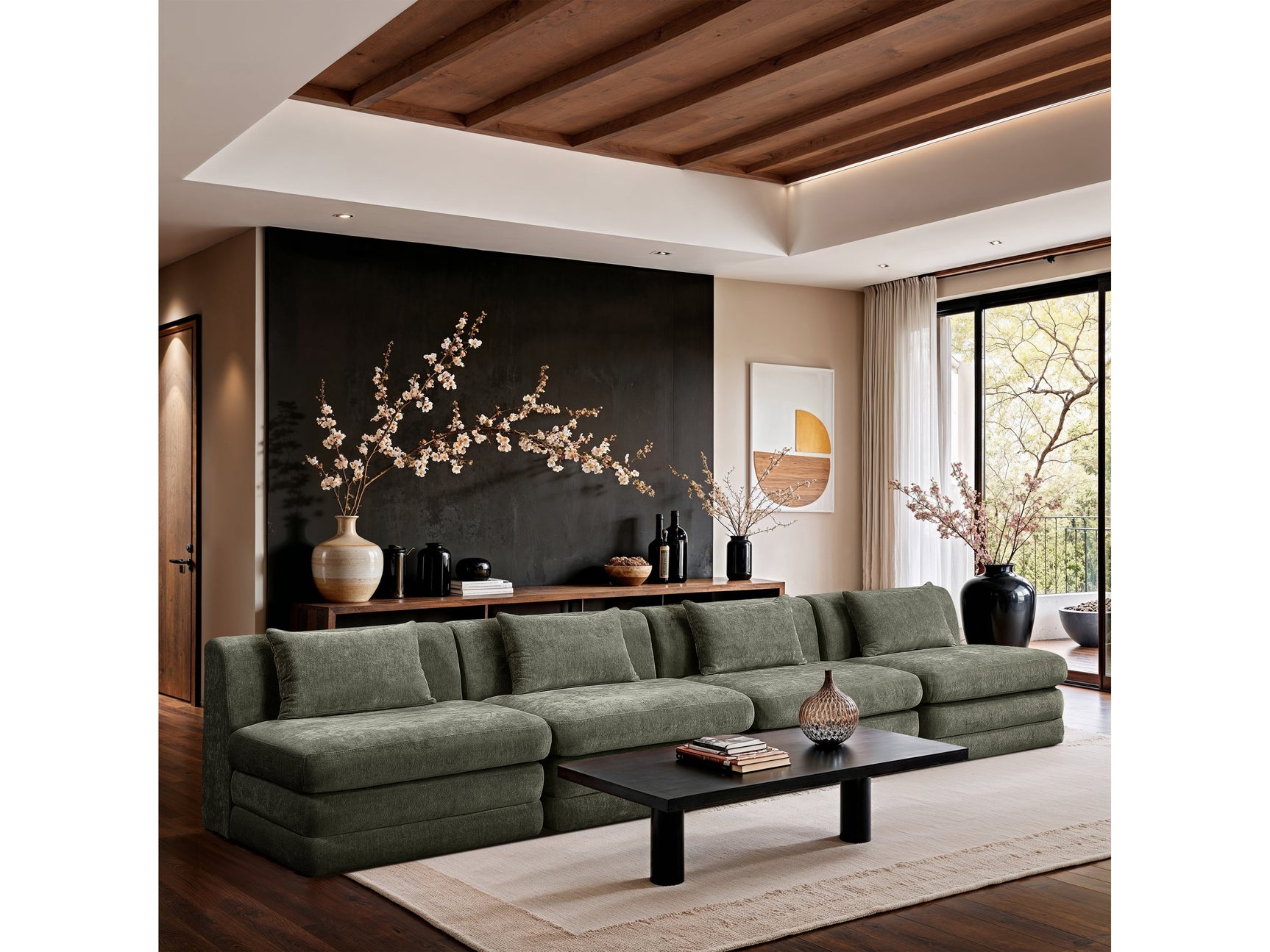 Newport Green 152" Chenille Fabric Upholstered 4-Piece Armless Modular Sofa - Ornate Home