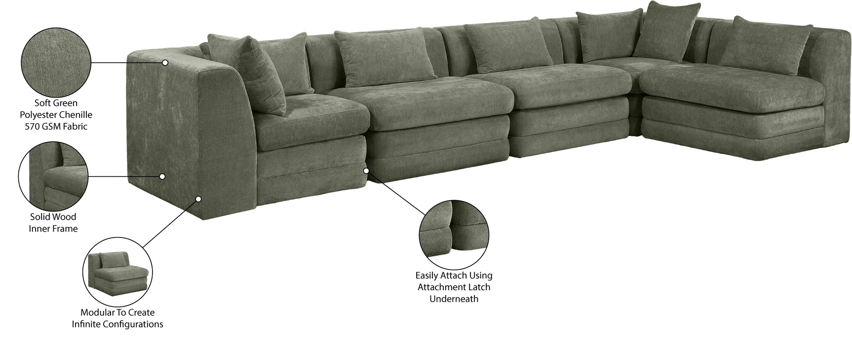 Newport Green 152" Chenille Fabric Upholstered 5-Piece L Shaped Modular Sectional - Ornate Home