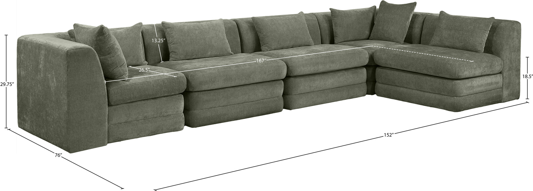Newport Green 152" Chenille Fabric Upholstered 5-Piece L Shaped Modular Sectional - Ornate Home