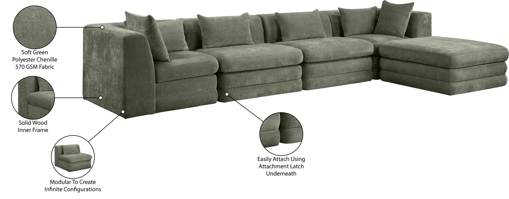 Newport Green 152" Chenille Fabric Upholstered 5-Piece Modular Sectional - Ornate Home