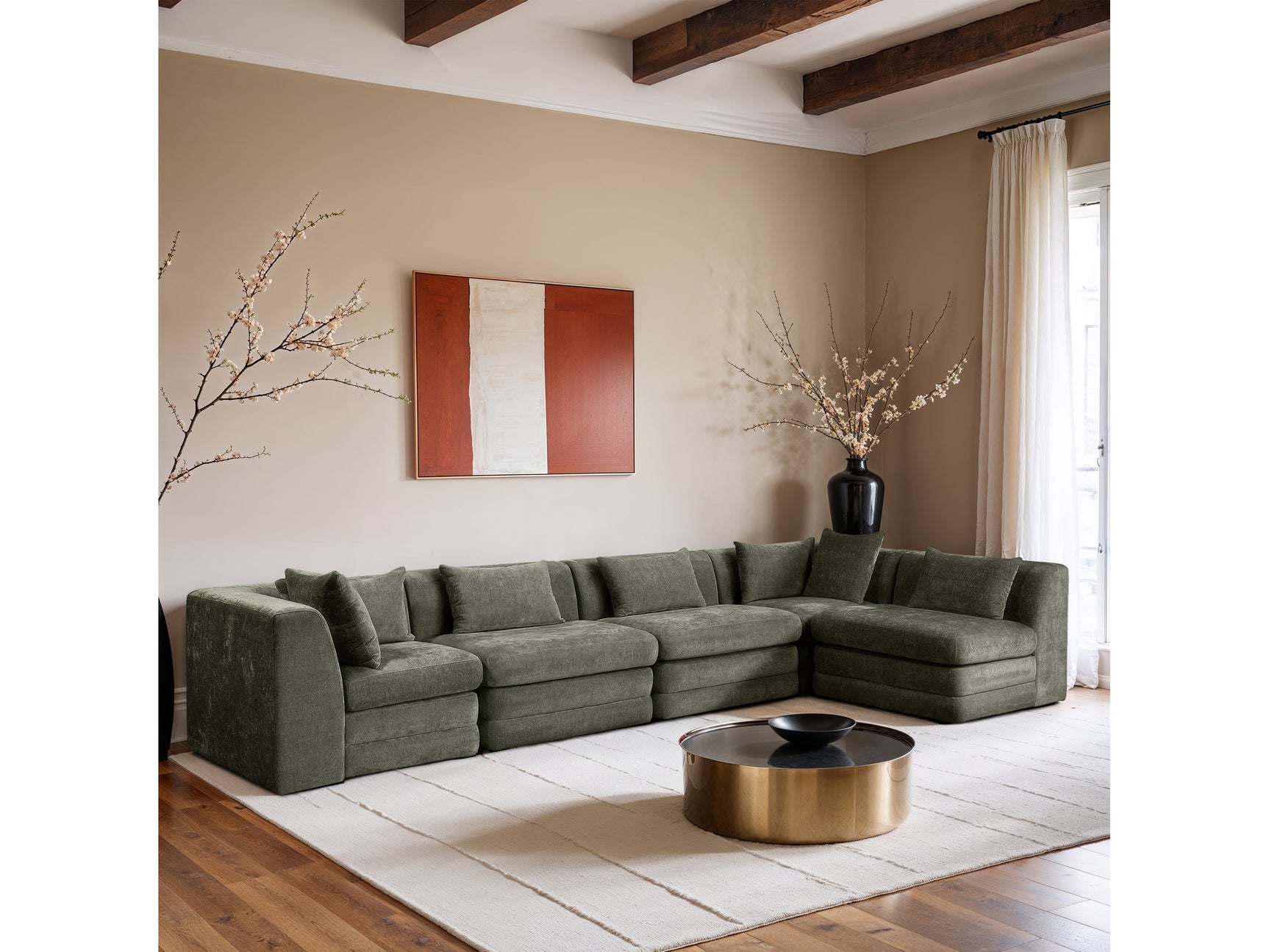 Newport Green 152" Chenille Fabric Upholstered 5-Piece Modular Sectional - Ornate Home