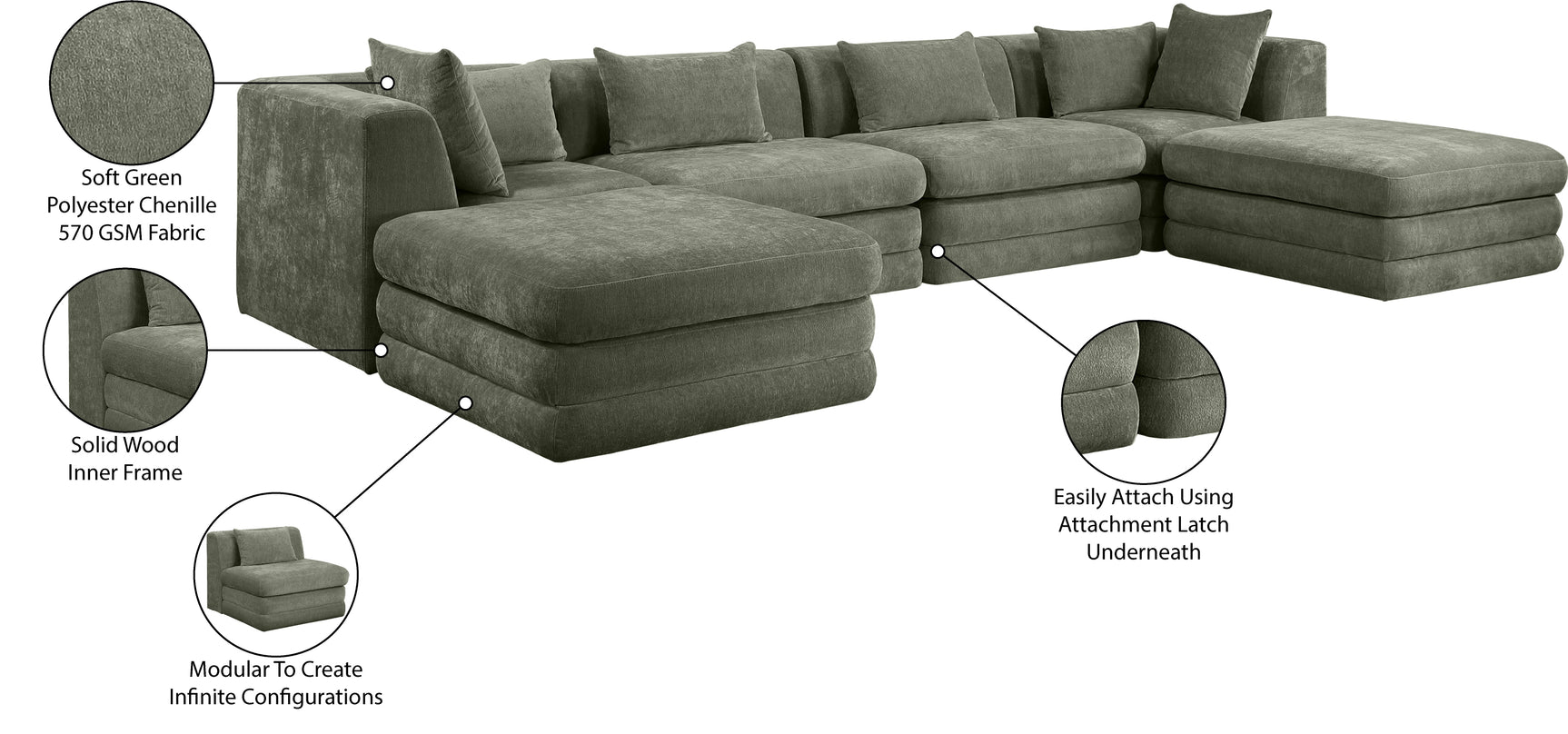Newport Green 152" Chenille Fabric Upholstered 6-Piece Modular Sectional - Ornate Home