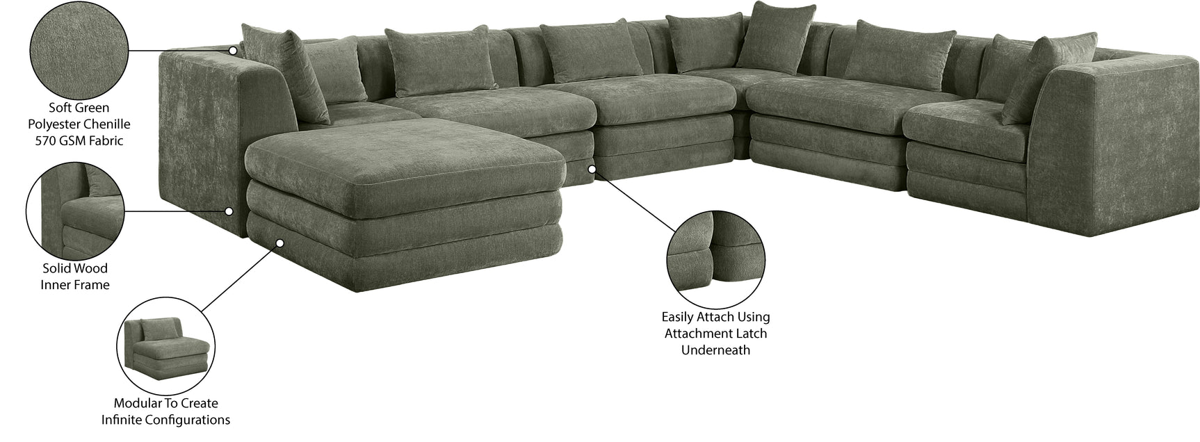 Newport Green 152" Chenille Fabric Upholstered 7-Piece Modular Sectional - Ornate Home