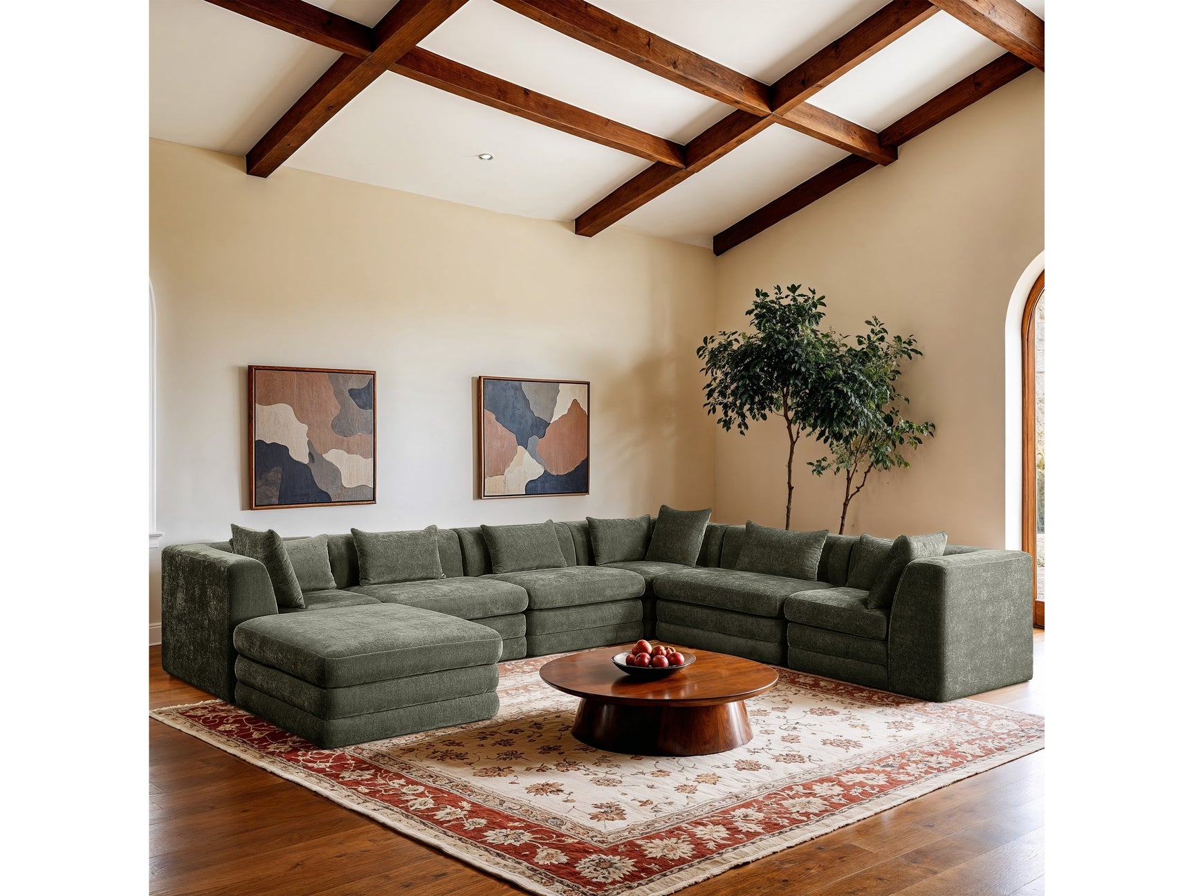 Newport Green 152" Chenille Fabric Upholstered 7-Piece Modular Sectional - Ornate Home