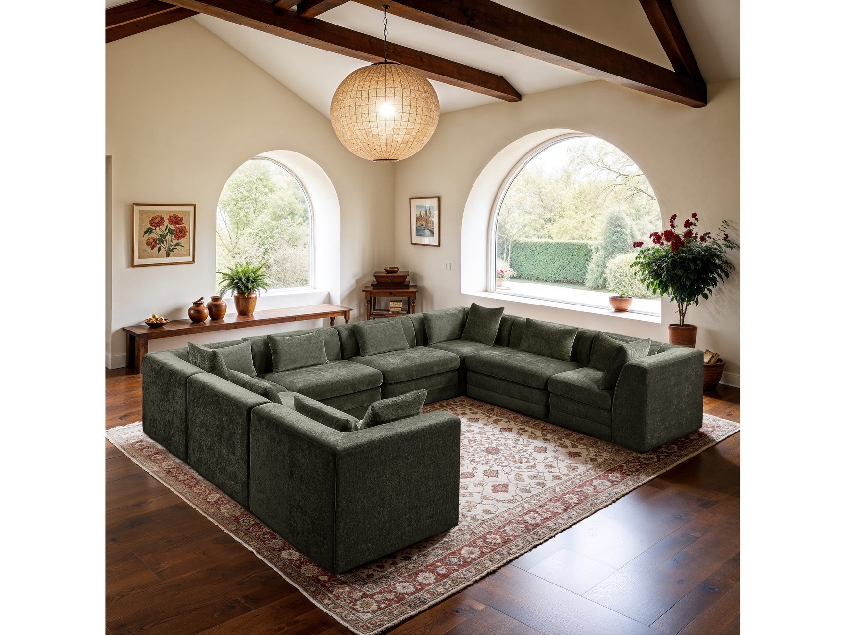 Newport Green 152" Chenille Fabric Upholstered 8-Piece Modular Sectional - Ornate Home