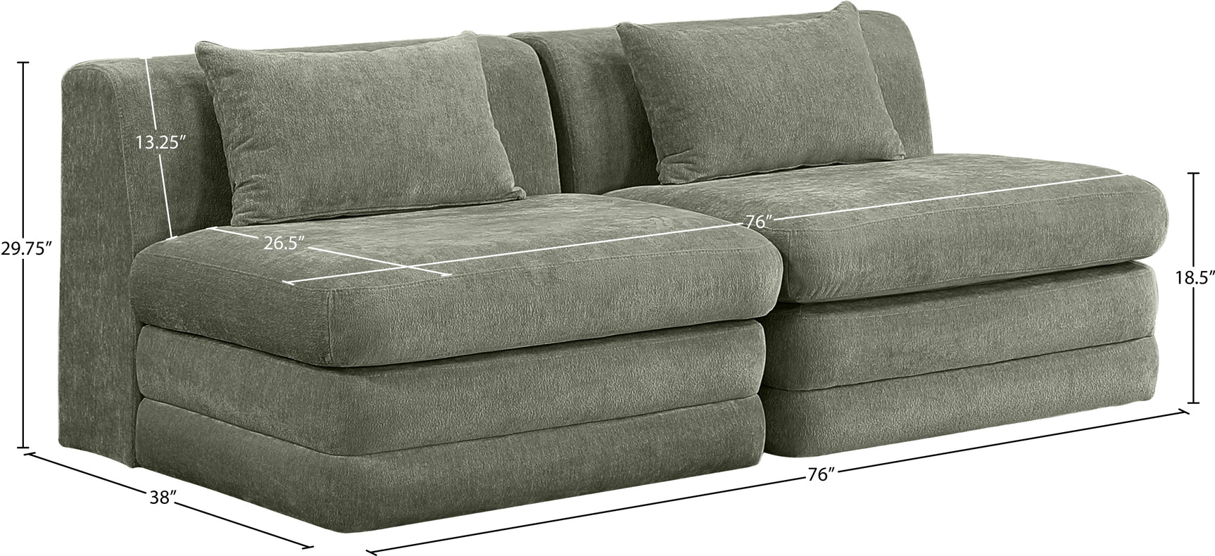 Newport Green 76" Chenille Fabric Upholstered 2-Piece Armless Modular Loveseat - Ornate Home