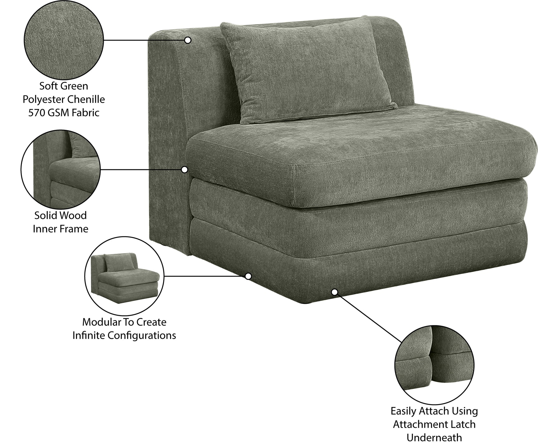 Newport Green Fabric Upholstered Modular Armless Chair - Ornate Home