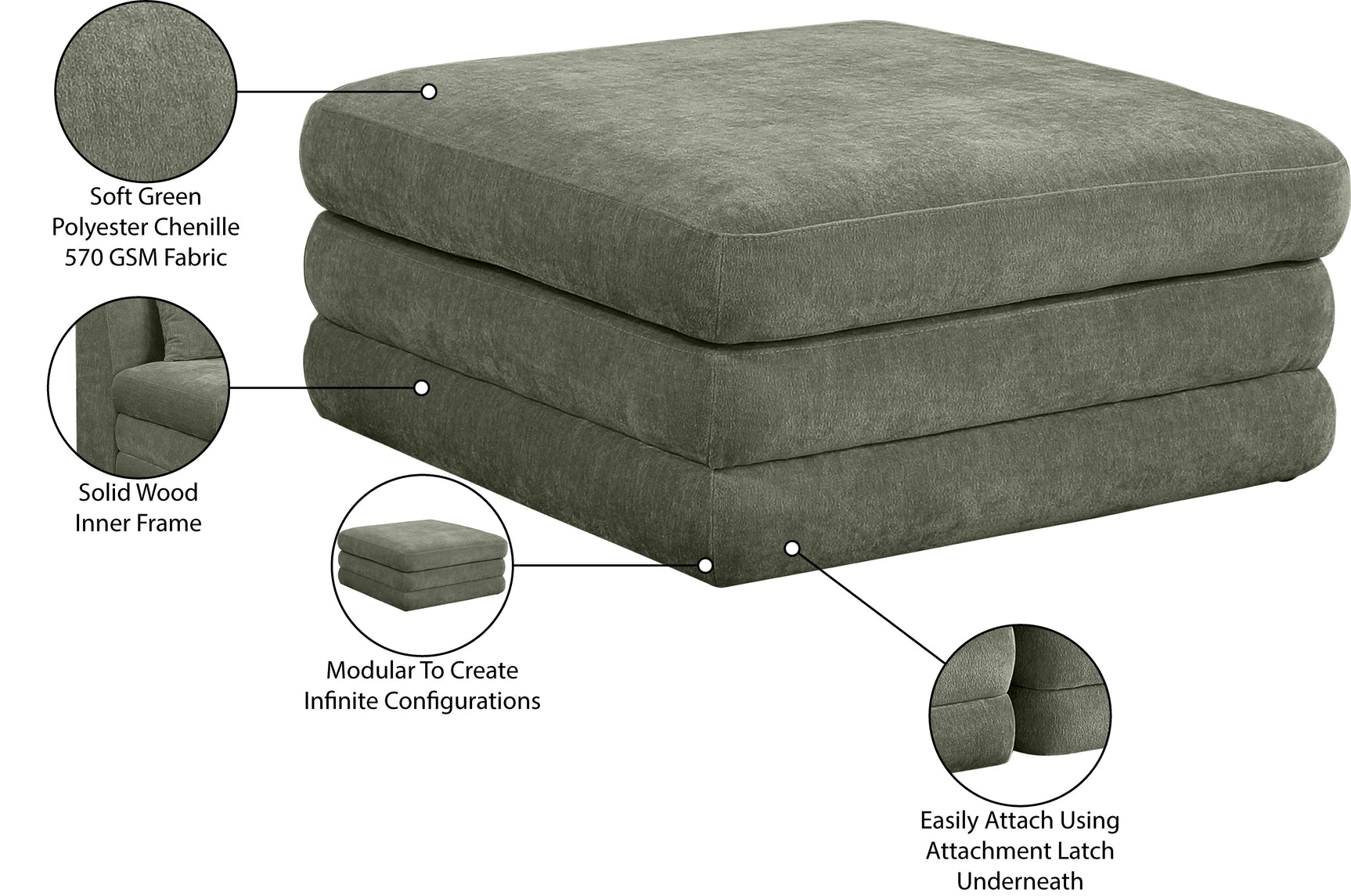 Newport Green Fabric Upholstered Modular Ottoman - Ornate Home