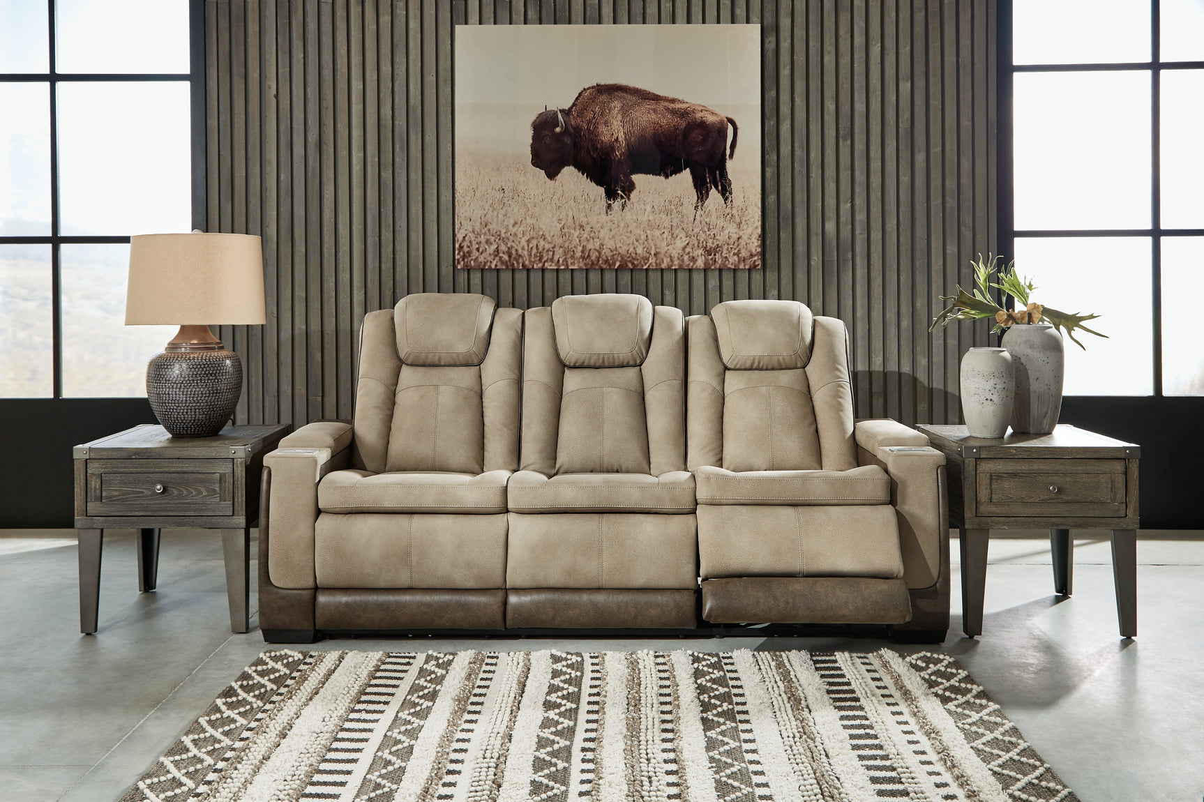 Next-Gen DuraPella Sand Power Reclining Sofa w/ Drop-Down Table (Online Special Price) - Ornate Home
