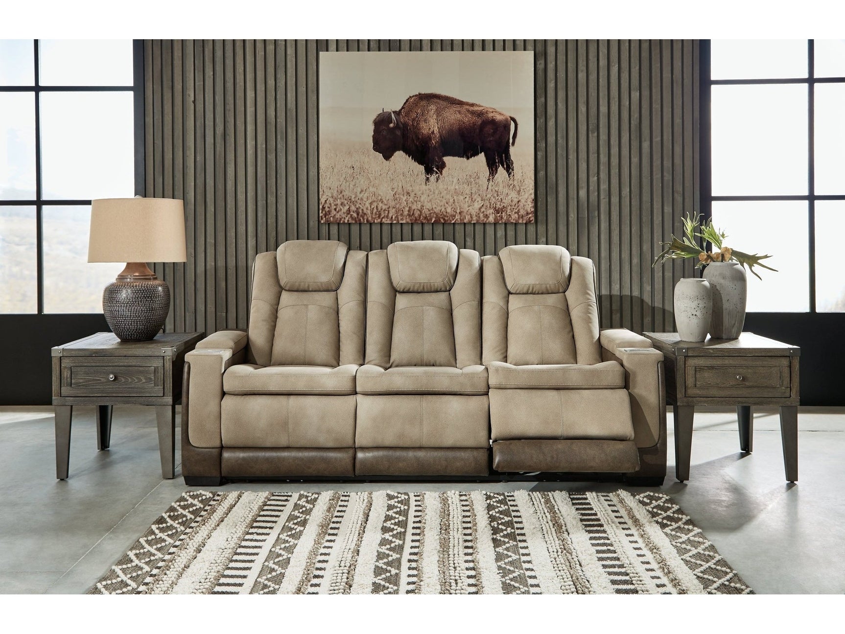 Next-Gen DuraPella Sand Power Reclining Sofa w/ Drop-Down Table - Ornate Home
