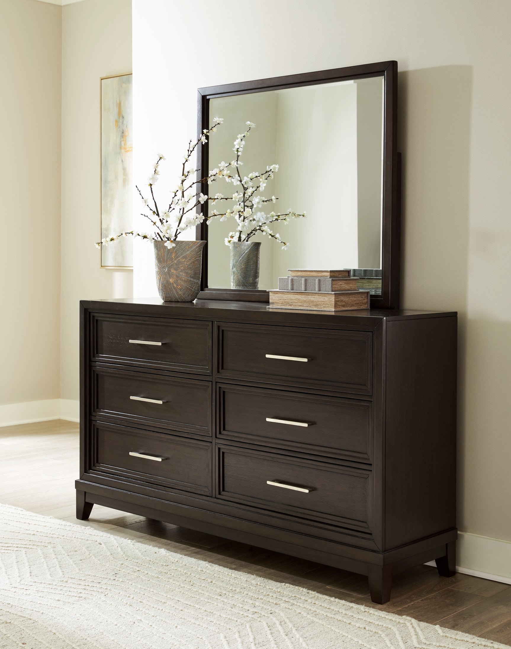 Neymorton Dark Grayish Brown Queen Upholstered Panel Headboard & Dresser & Mirror - Ornate Home