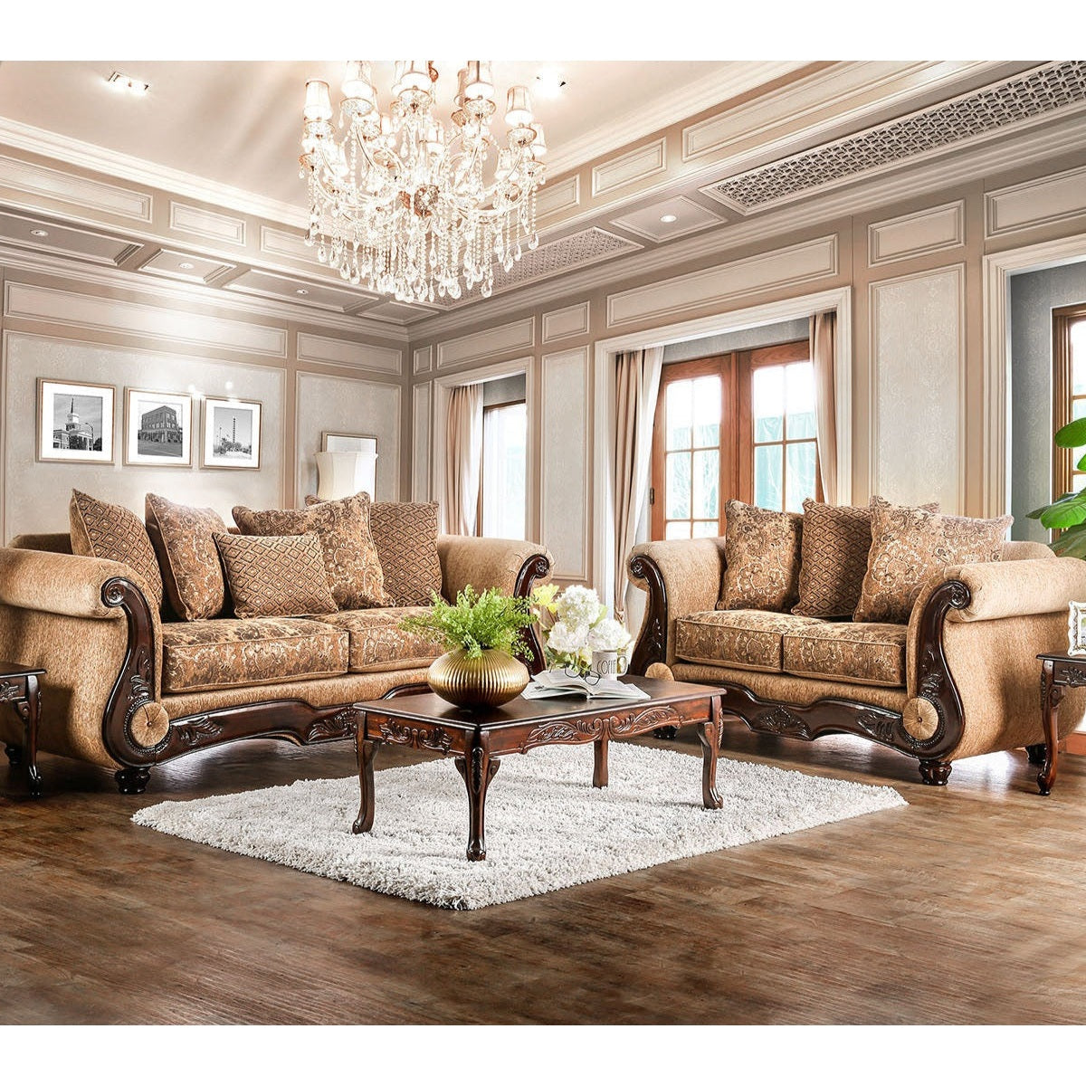 Furniture of America Nicanor Tan/Gold Sofa Loveseat Ornate Home