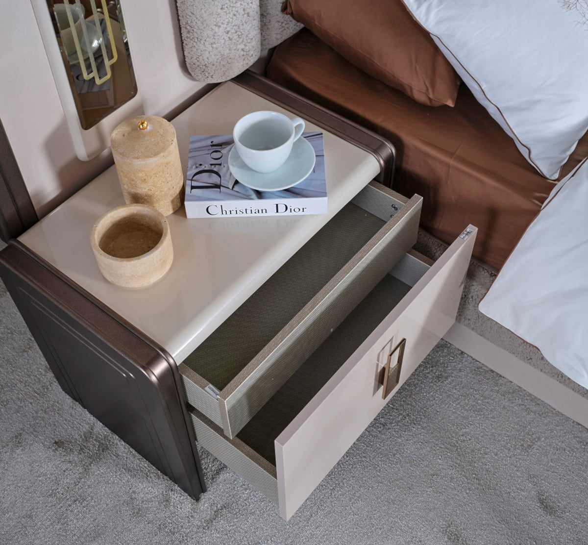 Nirvana Beige Bedroom Set (Queen Bed & Dresser With Mirror & Ottoman & 2 Nightstand With Back ) - Ornate Home