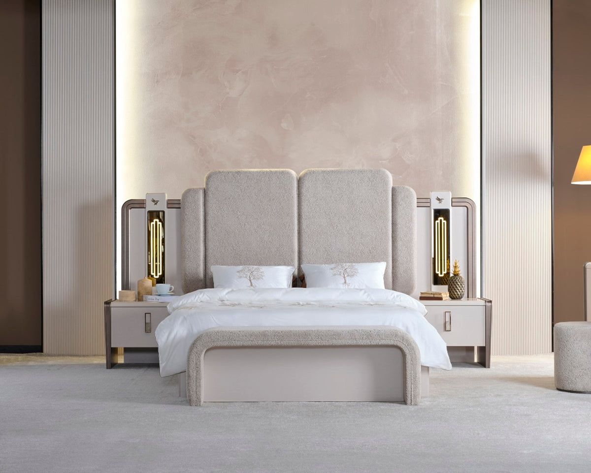 Nirvana Beige Bedroom Set (Queen Bed & Dresser With Mirror & Ottoman & 2 Nightstand With Back ) - Ornate Home