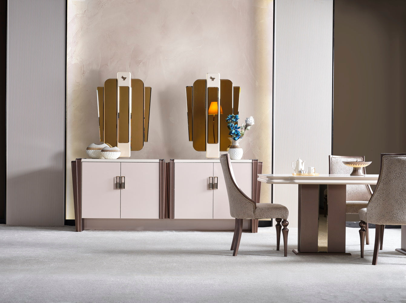 Nirvana Beige Dining Room Set (Consol With Mirror & Dining Table & 6 Dining Chair)