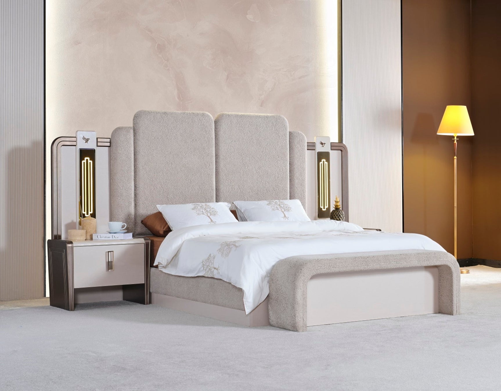Nirvana Beige Bedroom Set (Queen Bed & Dresser With Mirror & Ottoman & 2 Nightstand With Back )