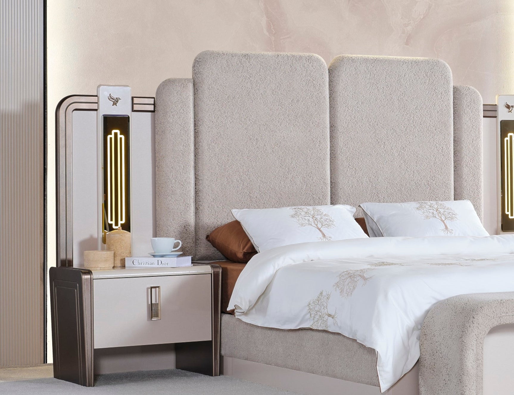 Nirvana Beige Bedroom Set (Queen Bed & Dresser With Mirror & Ottoman & 2 Nightstand With Back )