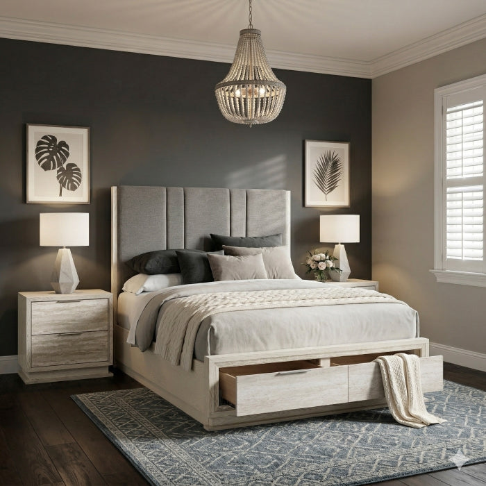 Noctis Beige Queen Platform Bed With Footboard Storage - Ornate Home