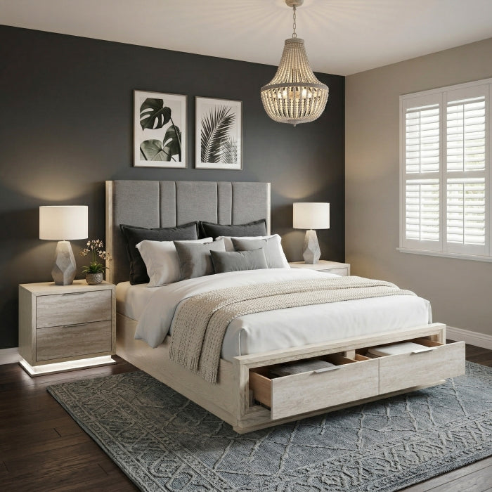 Noctis Beige Queen Platform Bed With Footboard Storage - Ornate Home