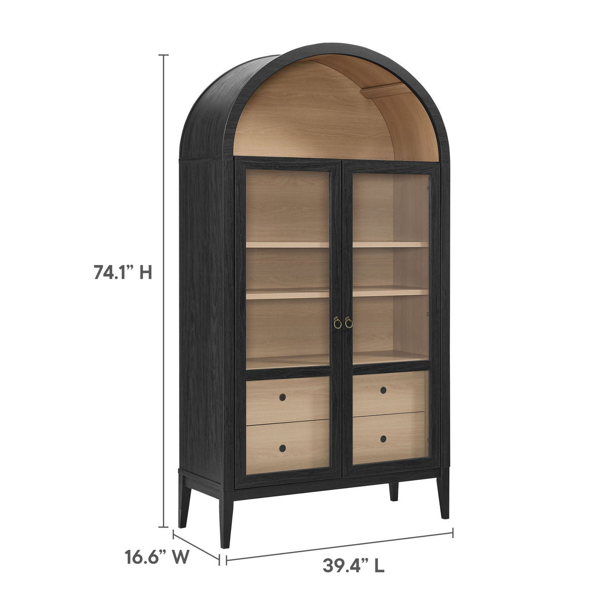 Nolan Black/Oak 74" Tall Wide Arched Storage Display Cabinet - Ornate Home