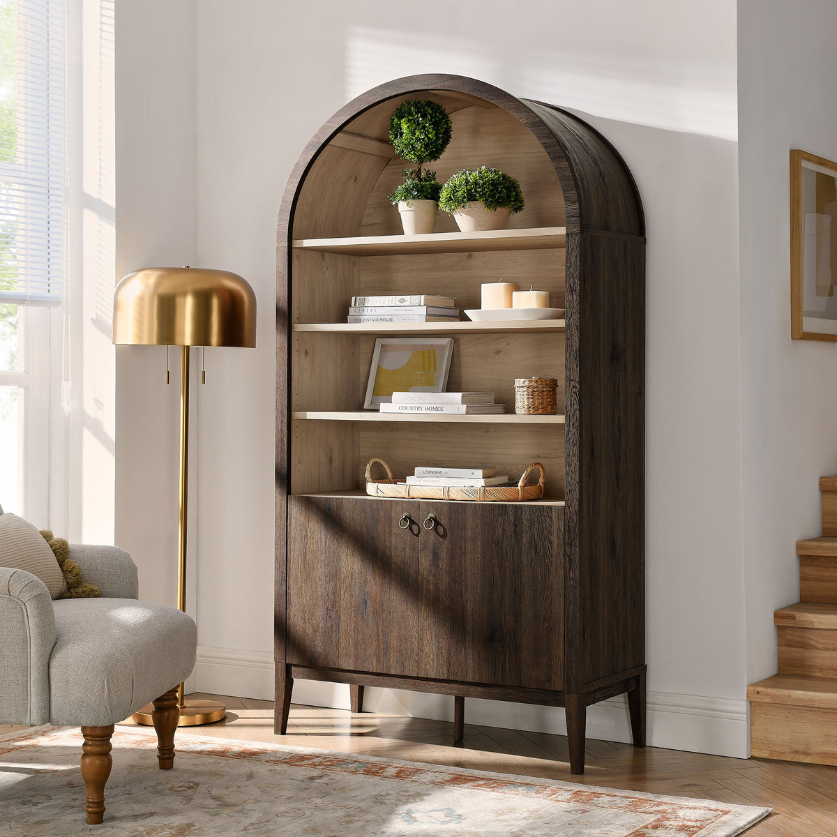 Nolan Dark Walnut 74" Tall Wide Arched Storage Display Cabinet Bookshelf