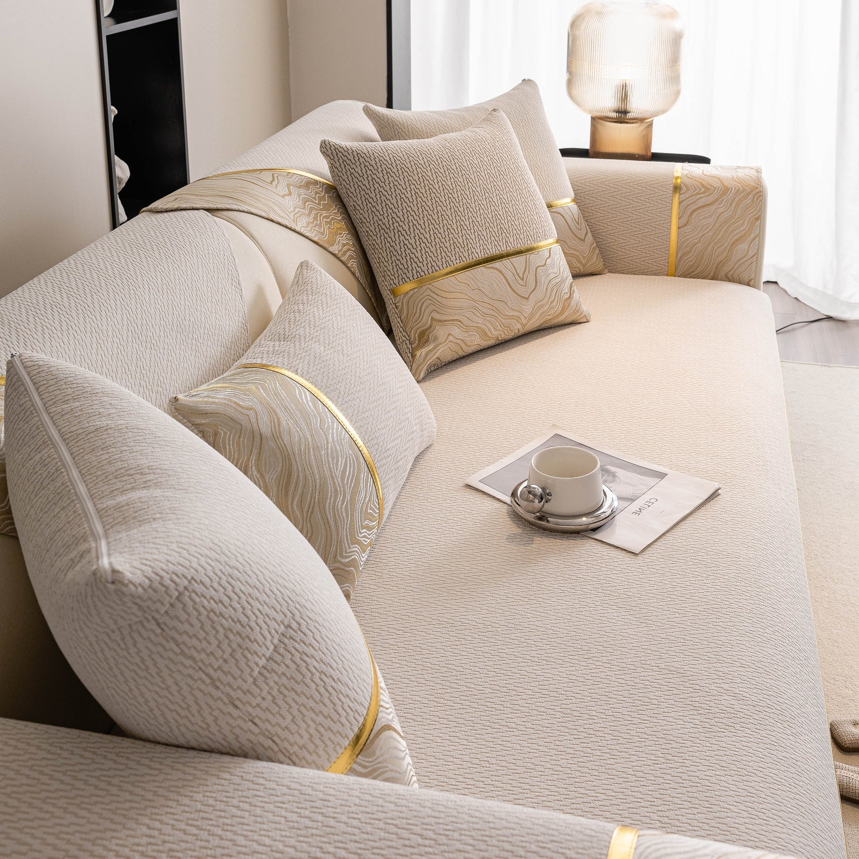 Non-Slip Couch Cover with Gold Trim, Sofa Slipcover for Sectional & Loveseat - Ornate Home