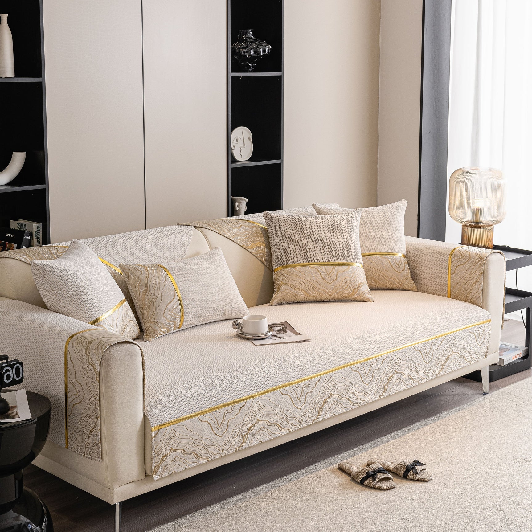 Non-Slip Couch Cover with Gold Trim, Sofa Slipcover for Sectional & Loveseat - Ornate Home