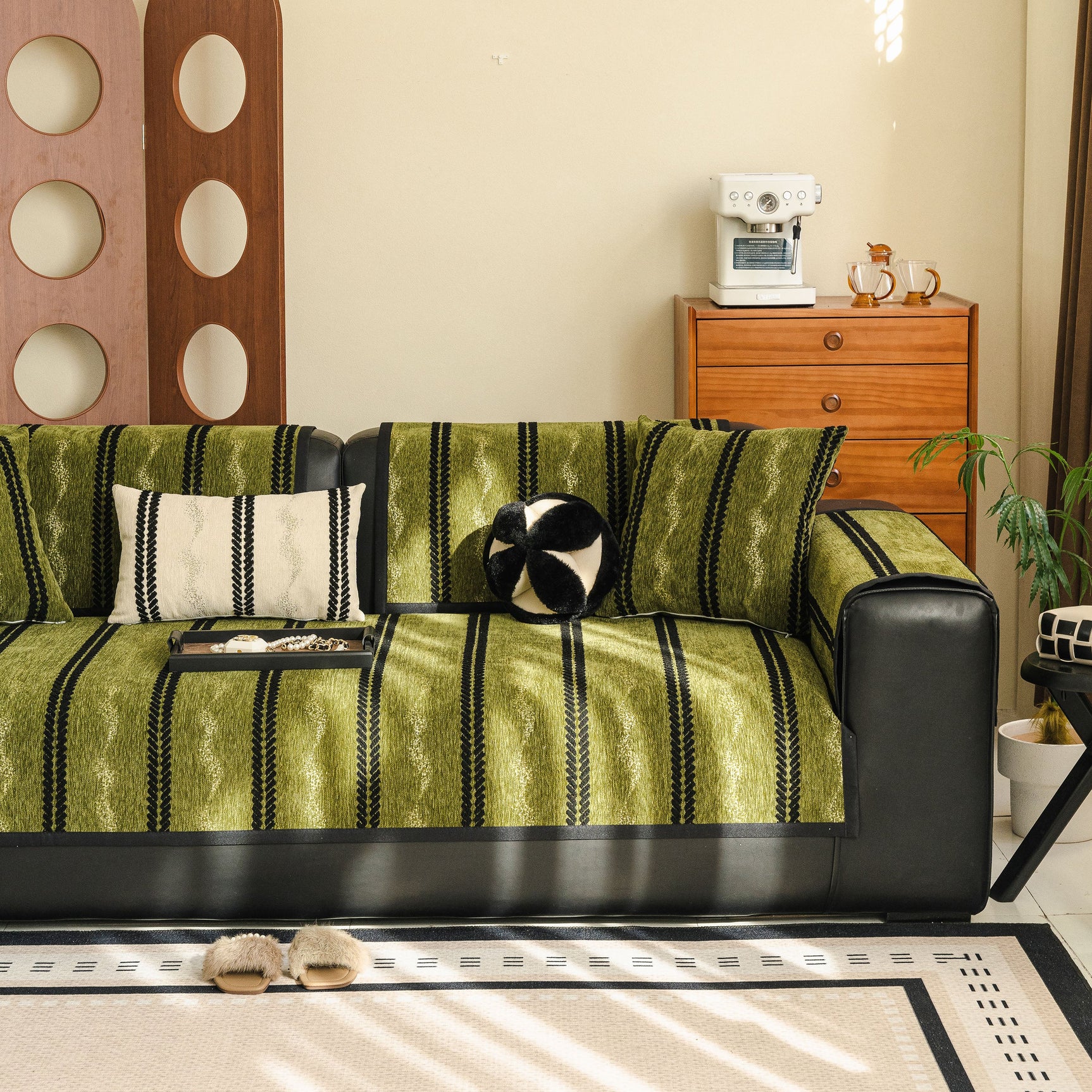Non-Slip Sofa Cover with Thick Chenille Texture Woven Stripe Couch Protector Throw - Ornate Home