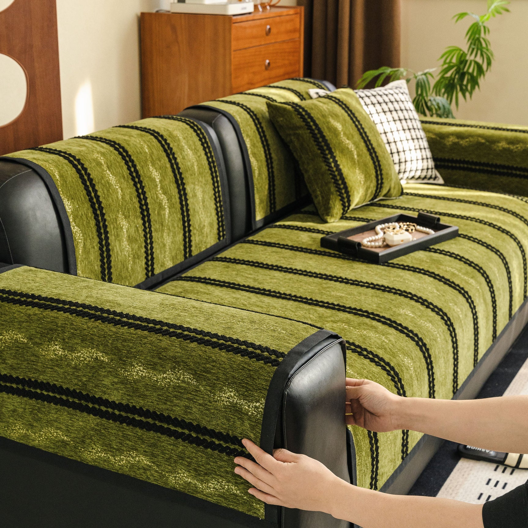 Non-Slip Sofa Cover with Thick Chenille Texture Woven Stripe Couch Protector Throw - Ornate Home