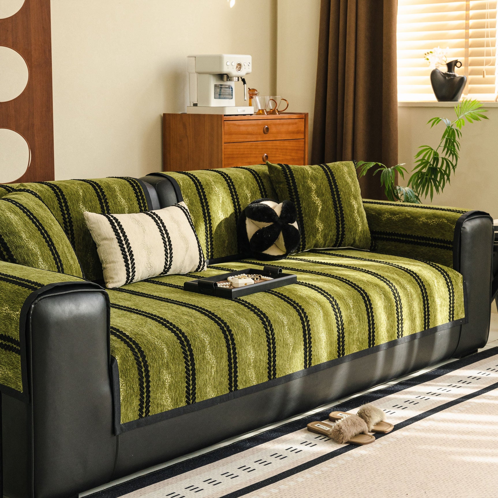 Non-Slip Sofa Cover with Thick Chenille Texture Woven Stripe Couch Protector Throw - Ornate Home