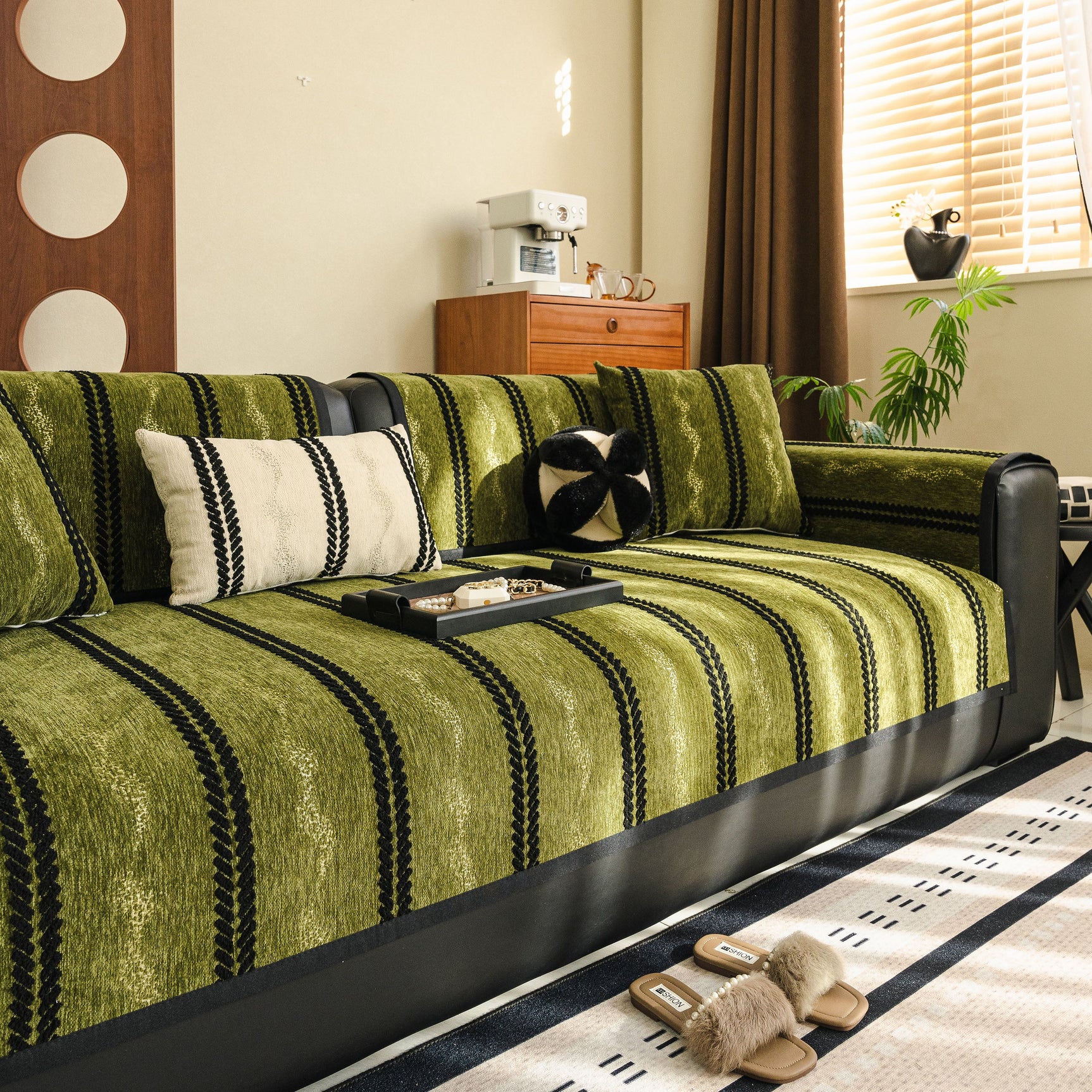 Non-Slip Sofa Cover with Thick Chenille Texture Woven Stripe Couch Protector Throw - Ornate Home