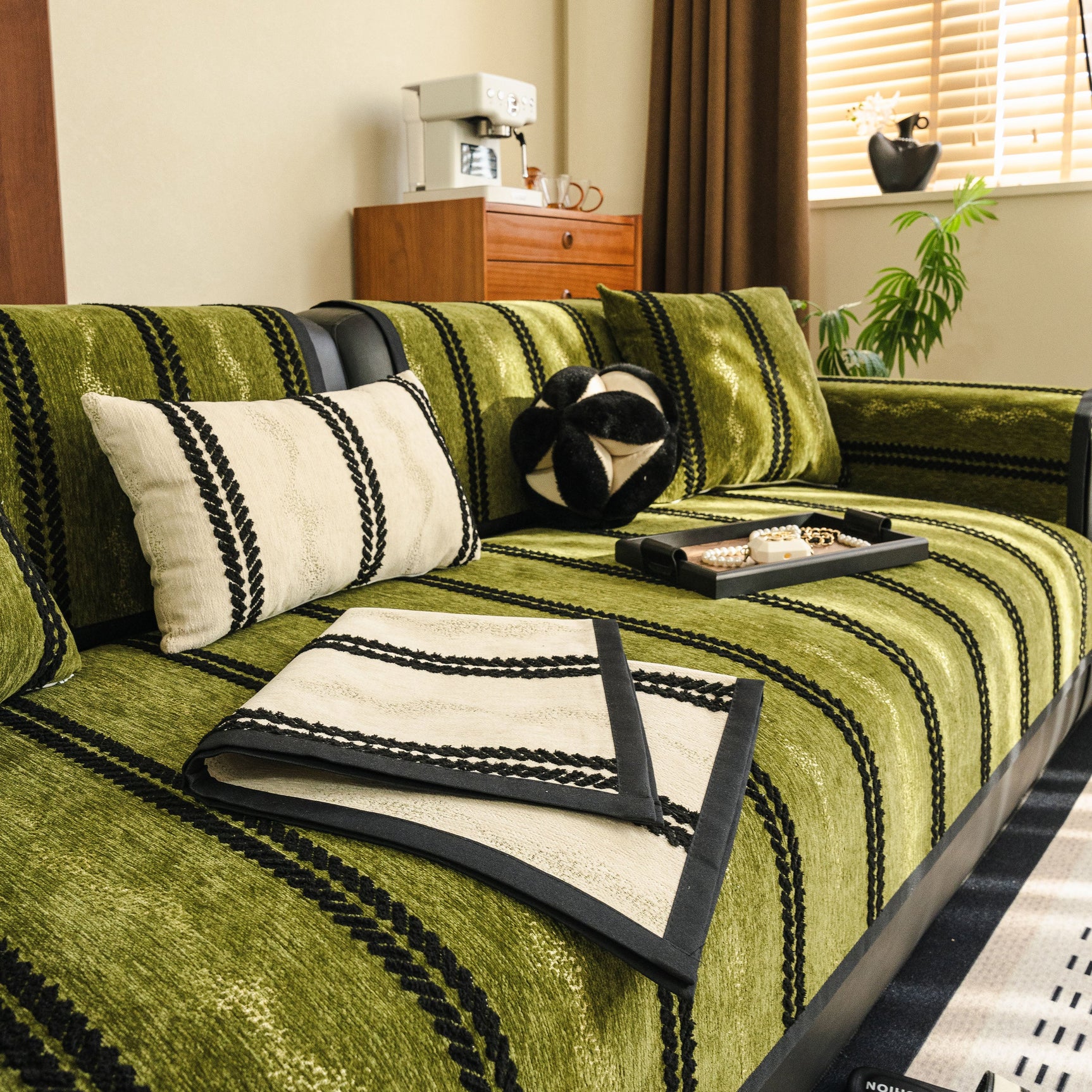 Non-Slip Sofa Cover with Thick Chenille Texture Woven Stripe Couch Protector Throw - Ornate Home