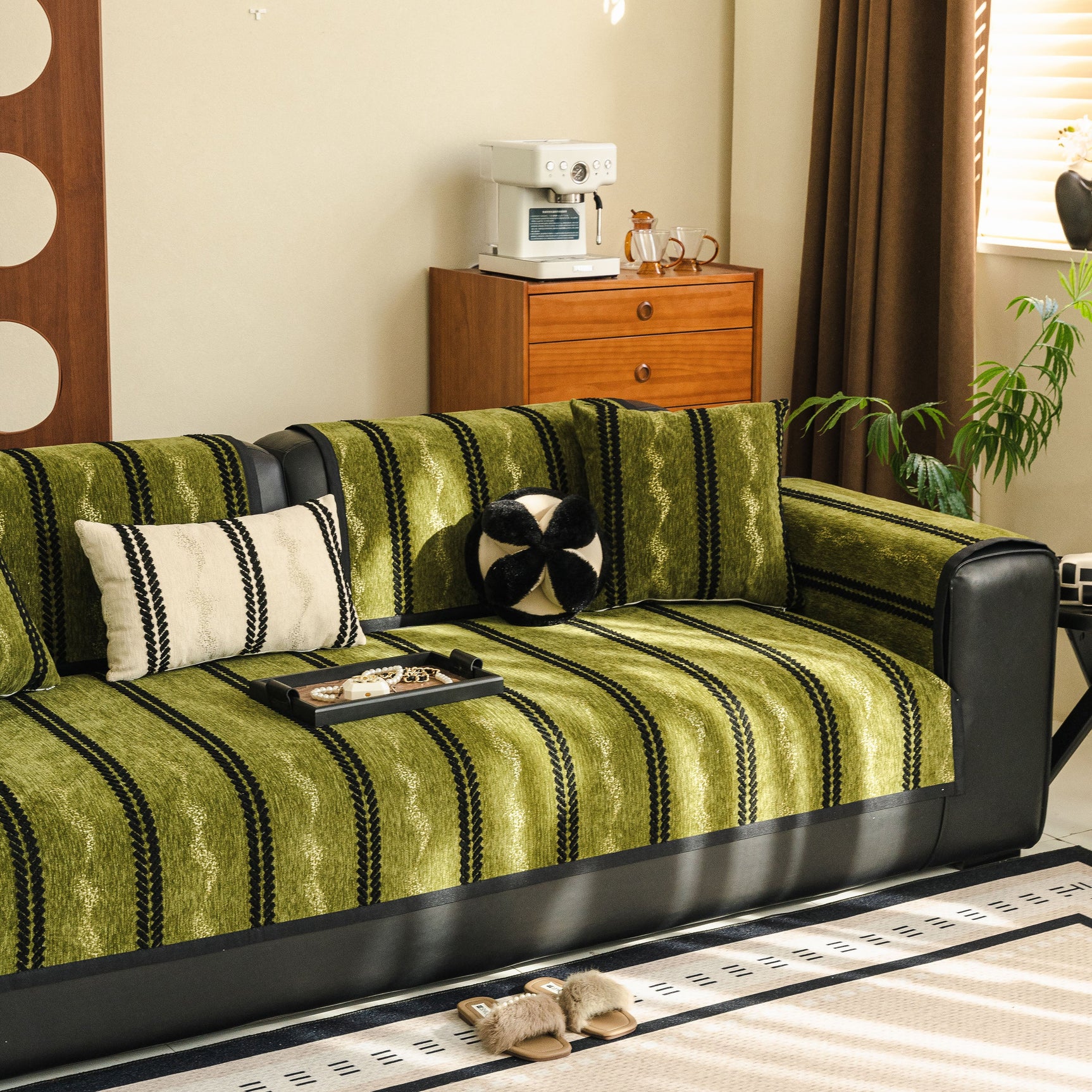 Non-Slip Sofa Cover with Thick Chenille Texture Woven Stripe Couch Protector Throw - Ornate Home