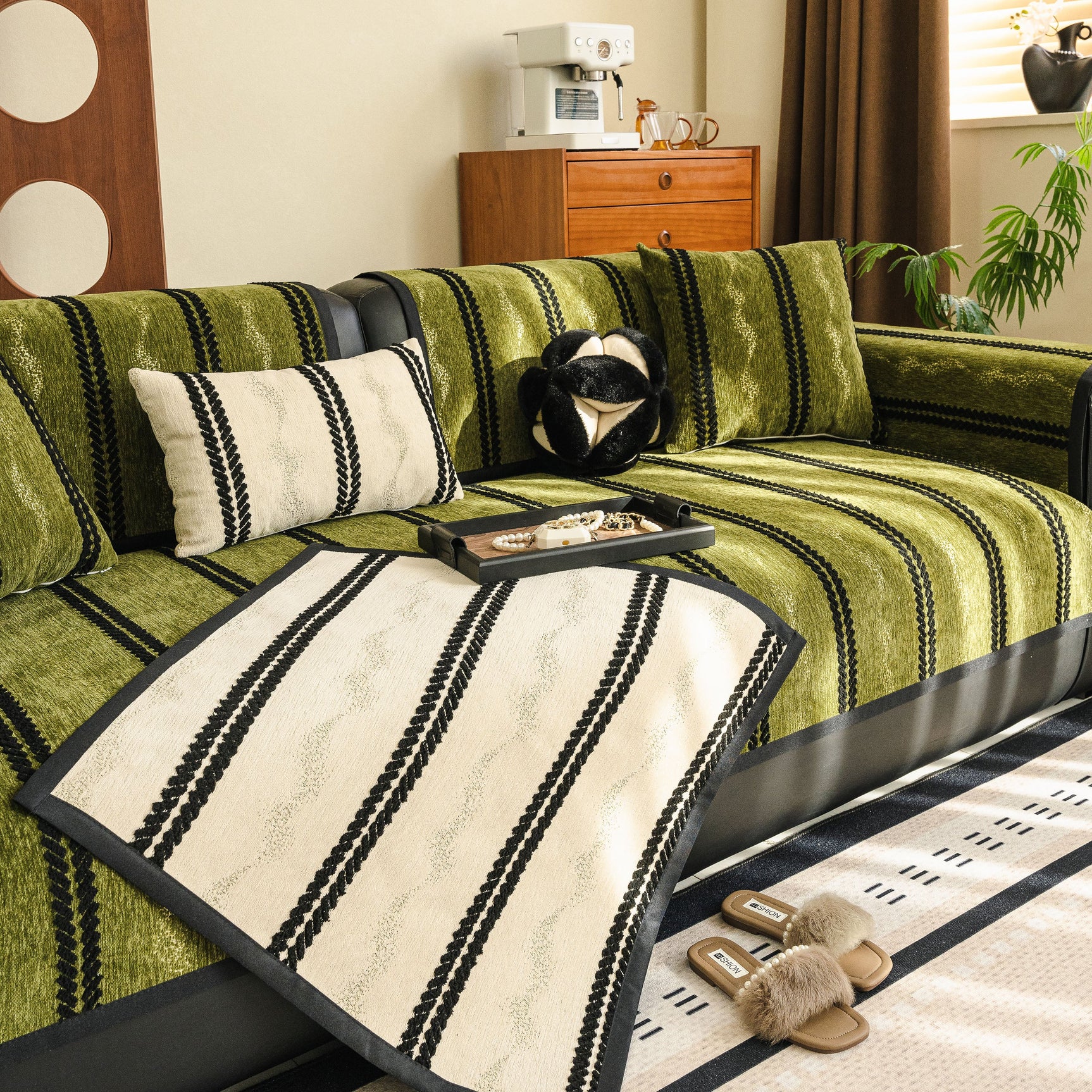 Non-Slip Sofa Cover with Thick Chenille Texture Woven Stripe Couch Protector Throw - Ornate Home