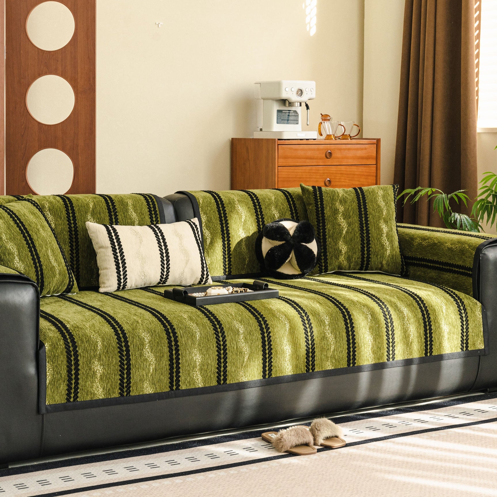 Non-Slip Sofa Cover with Thick Chenille Texture Woven Stripe Couch Protector Throw - Ornate Home
