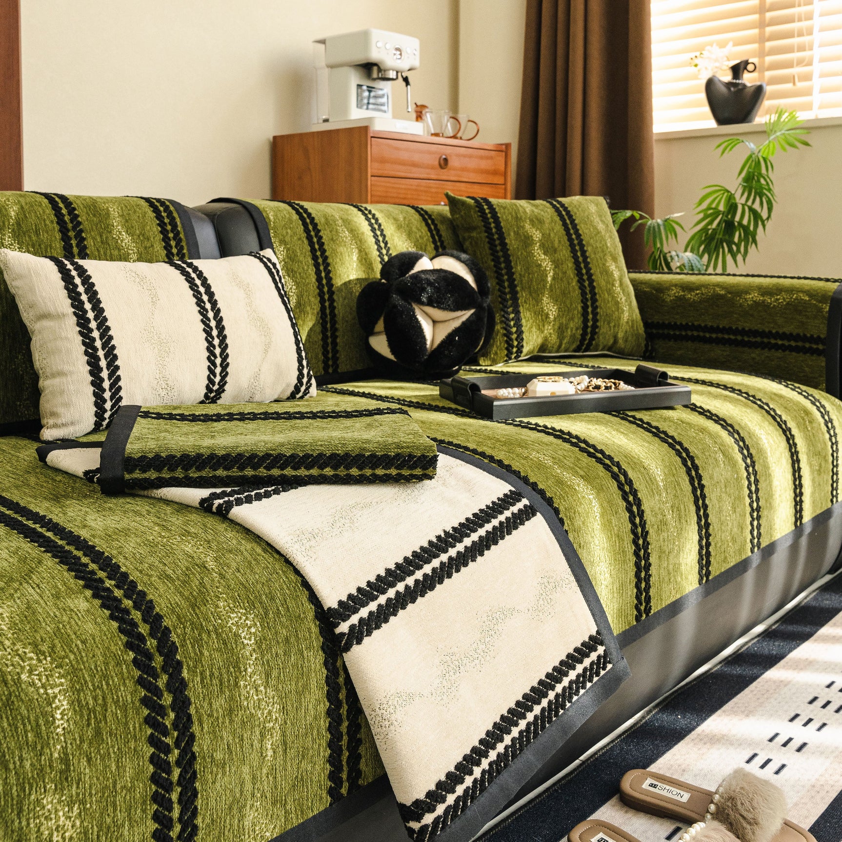 Non-Slip Sofa Cover with Thick Chenille Texture Woven Stripe Couch Protector Throw - Ornate Home