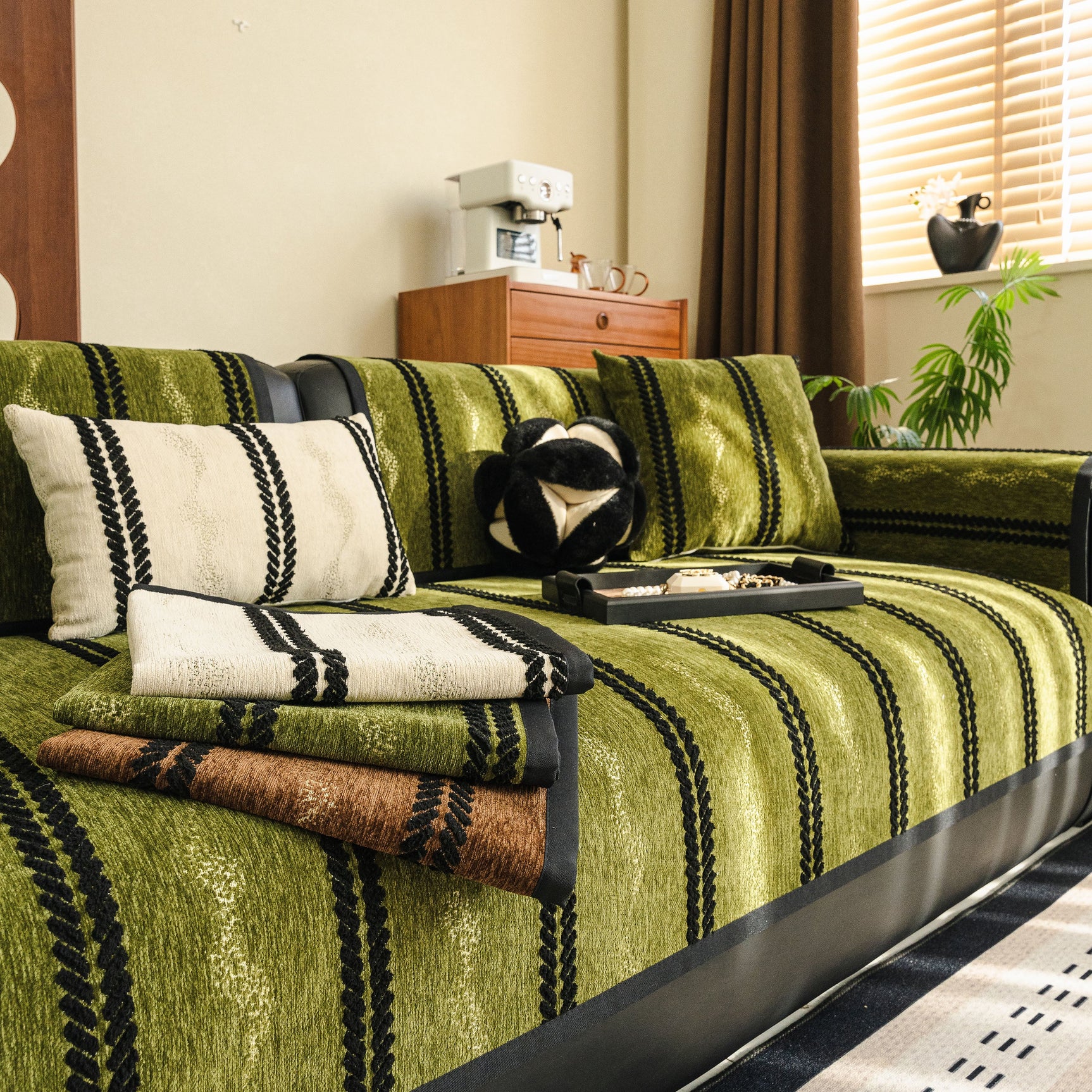 Non-Slip Sofa Cover with Thick Chenille Texture Woven Stripe Couch Protector Throw - Ornate Home